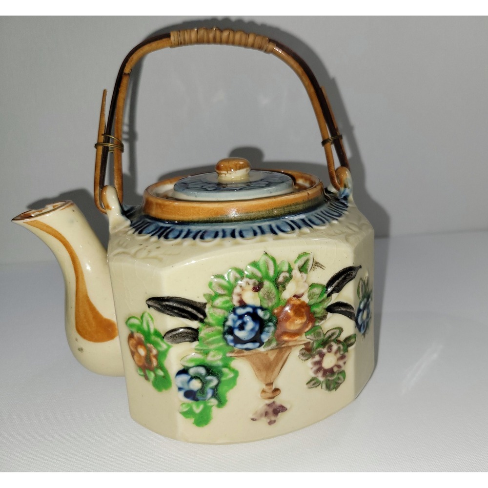 Antique, Porcelain, Japanese Majolica, Teapot, with Bamboo, wicker‎ Handle